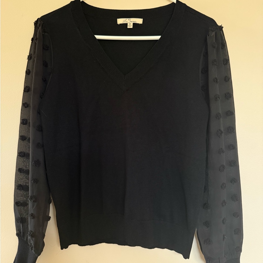 Black V-Neck Sweater with Sheer Polka Dot Sleeves